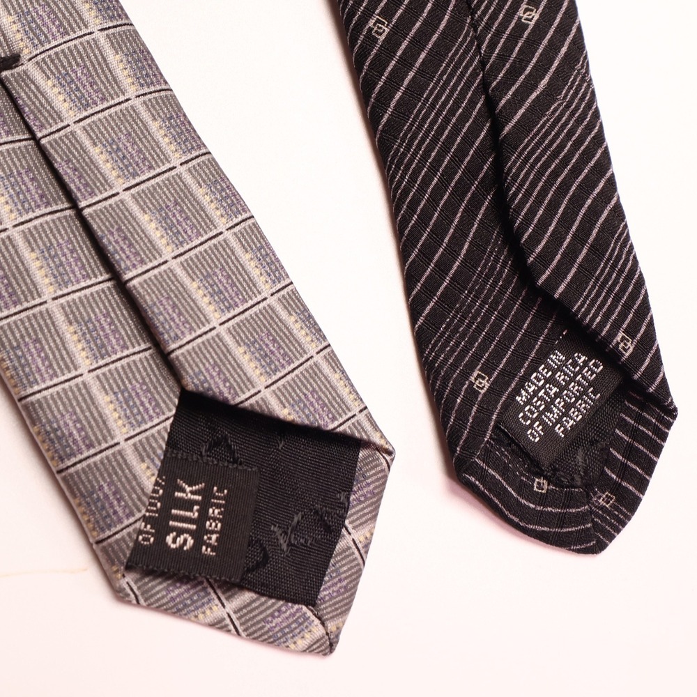 DKNY Silk Neckties Lot of 2, Striped & Grid Pattern, Grau Black Mens Fashion Tie - Picture 3 of 4